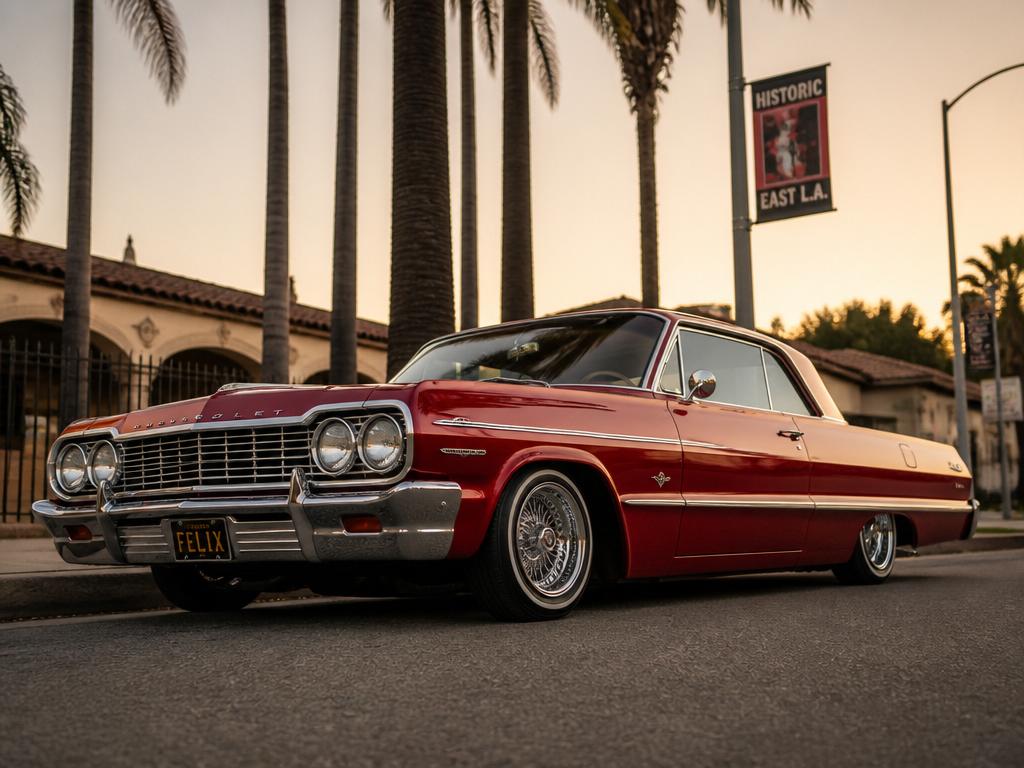 1964 Impala Lowrider in candy apple red on chrome wires