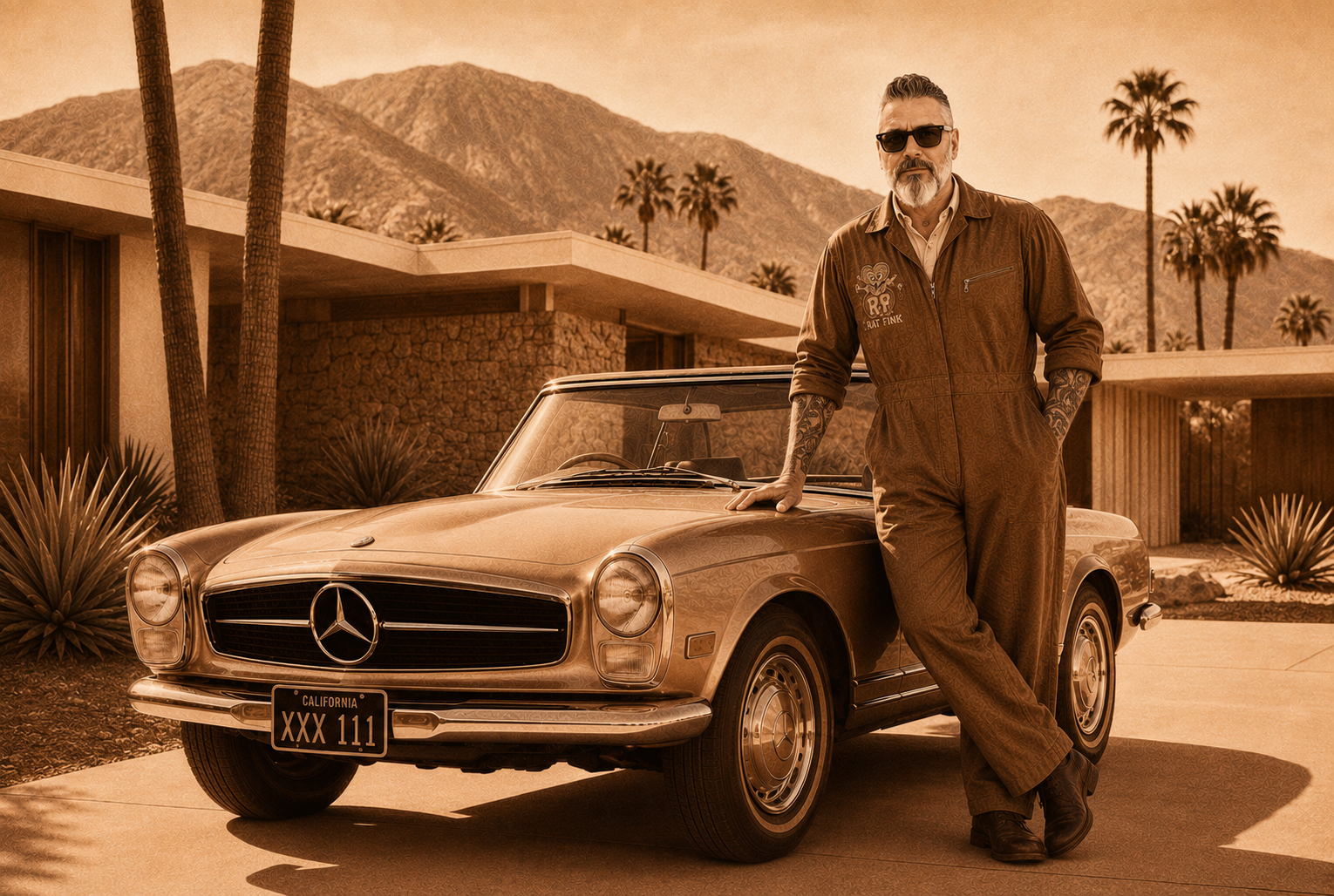 Master mechanic in a brown jumpsuit leaning on a Mercedes SL Pagode in Palm Springs
